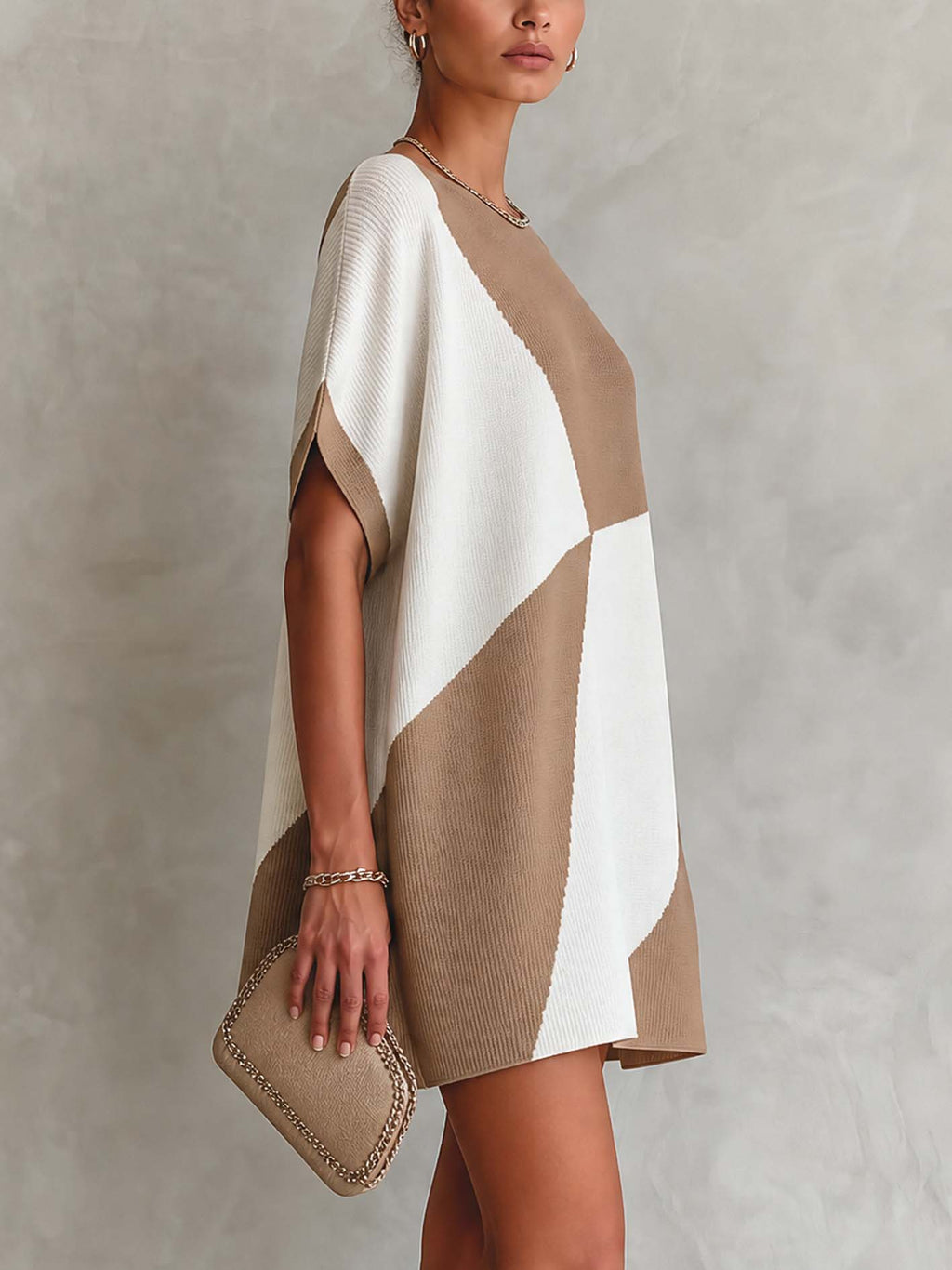 Khaki And White Color Block Knit Mini Dress