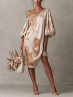 Beige Oversized Abstract Print Midi Dress