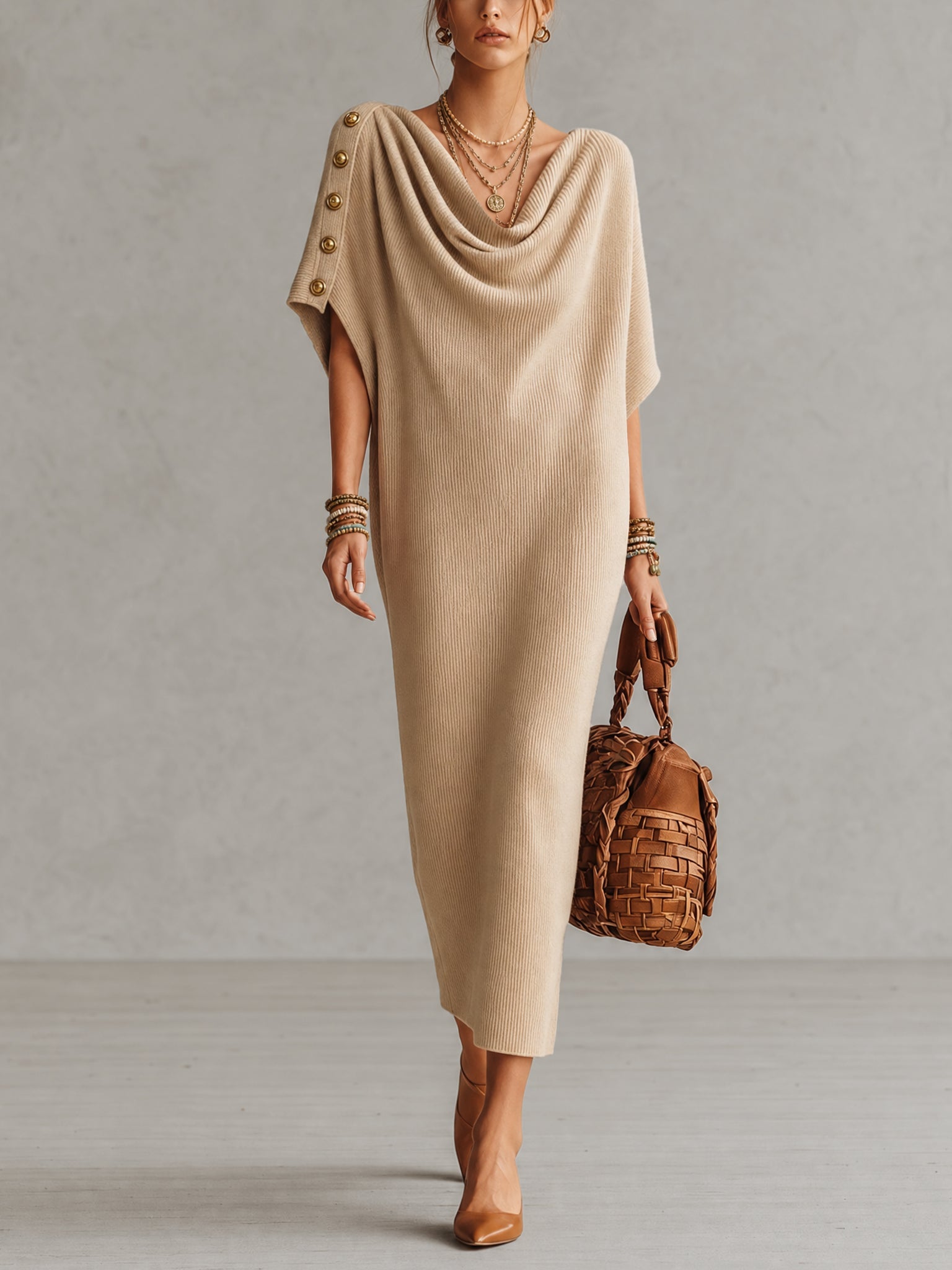Camel Cowl Neck Knit Maxi Dress With Vintage Button Detail