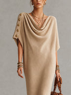 Camel Cowl Neck Knit Maxi Dress With Vintage Button Detail