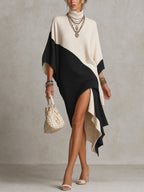 Black And White Color Block Asymmetrical Knit Midi Dress