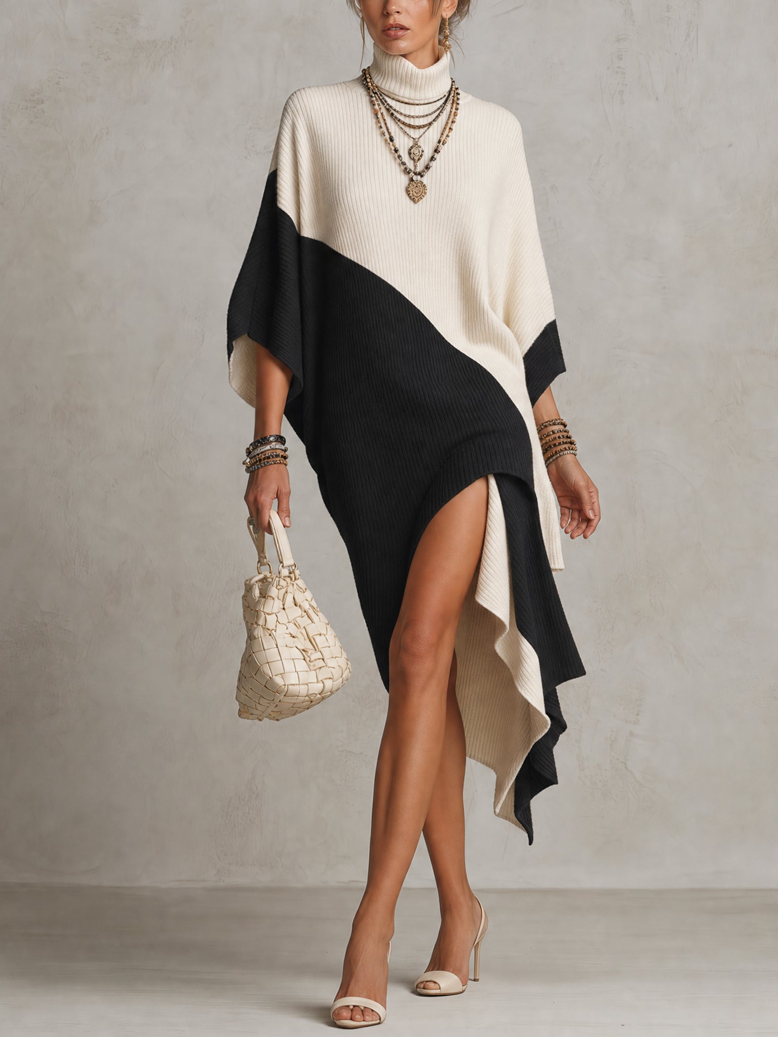 Black And White Color Block Asymmetrical Knit Midi Dress