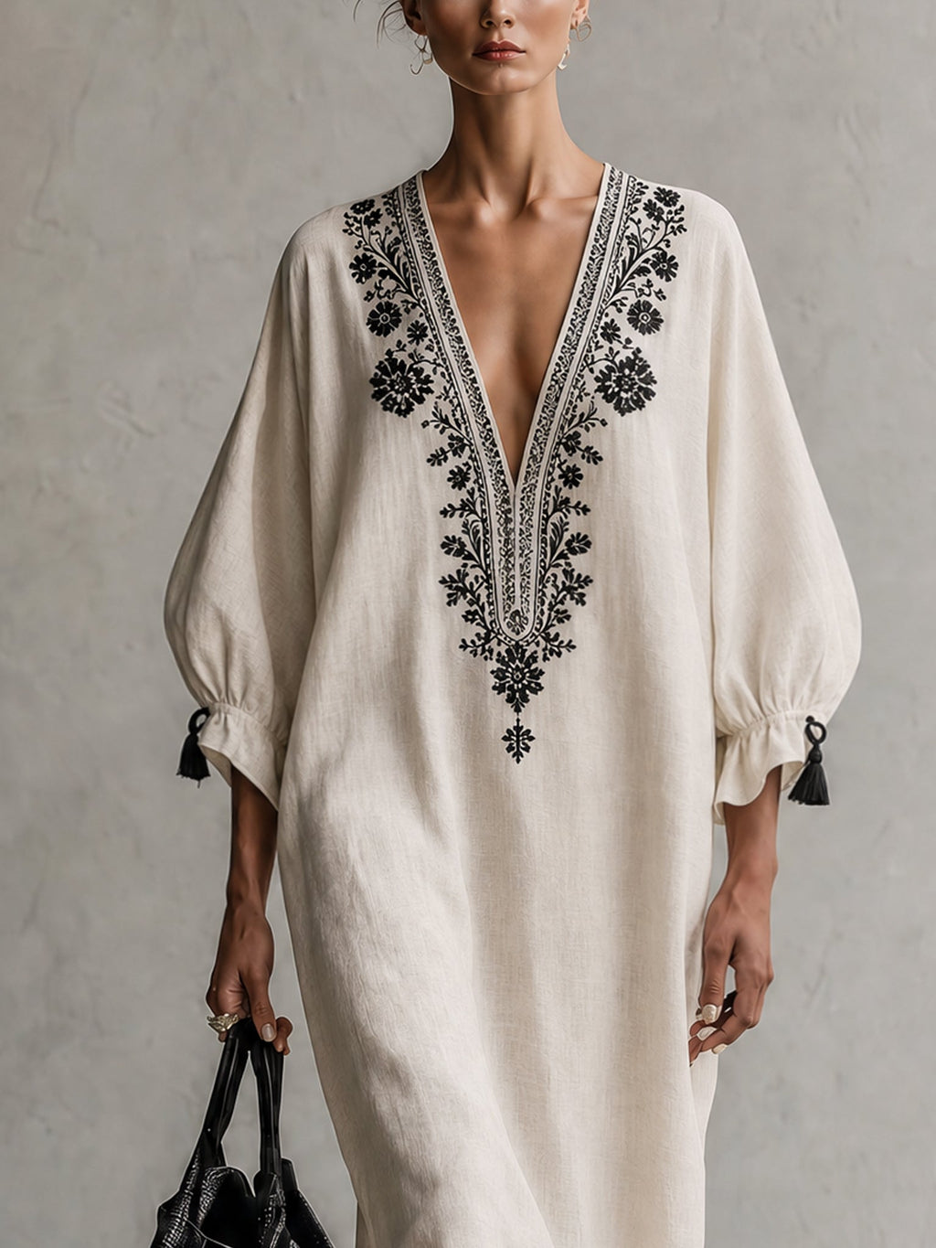 Ivory Embroidered Drawstring Deep V Maxi Dress