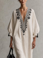 Ivory Embroidered Drawstring Deep V Maxi Dress