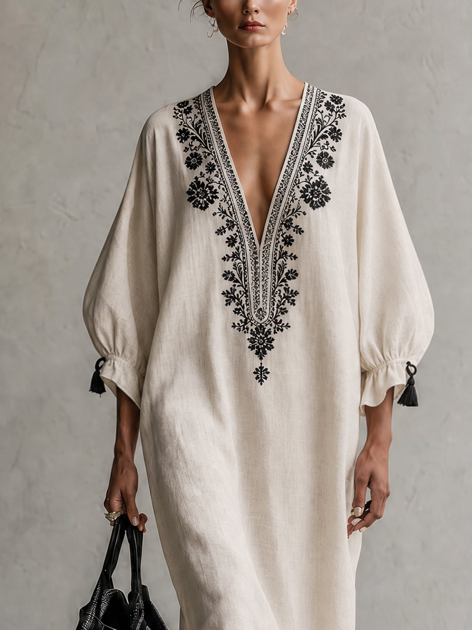 Ivory Embroidered Drawstring Deep V Maxi Dress