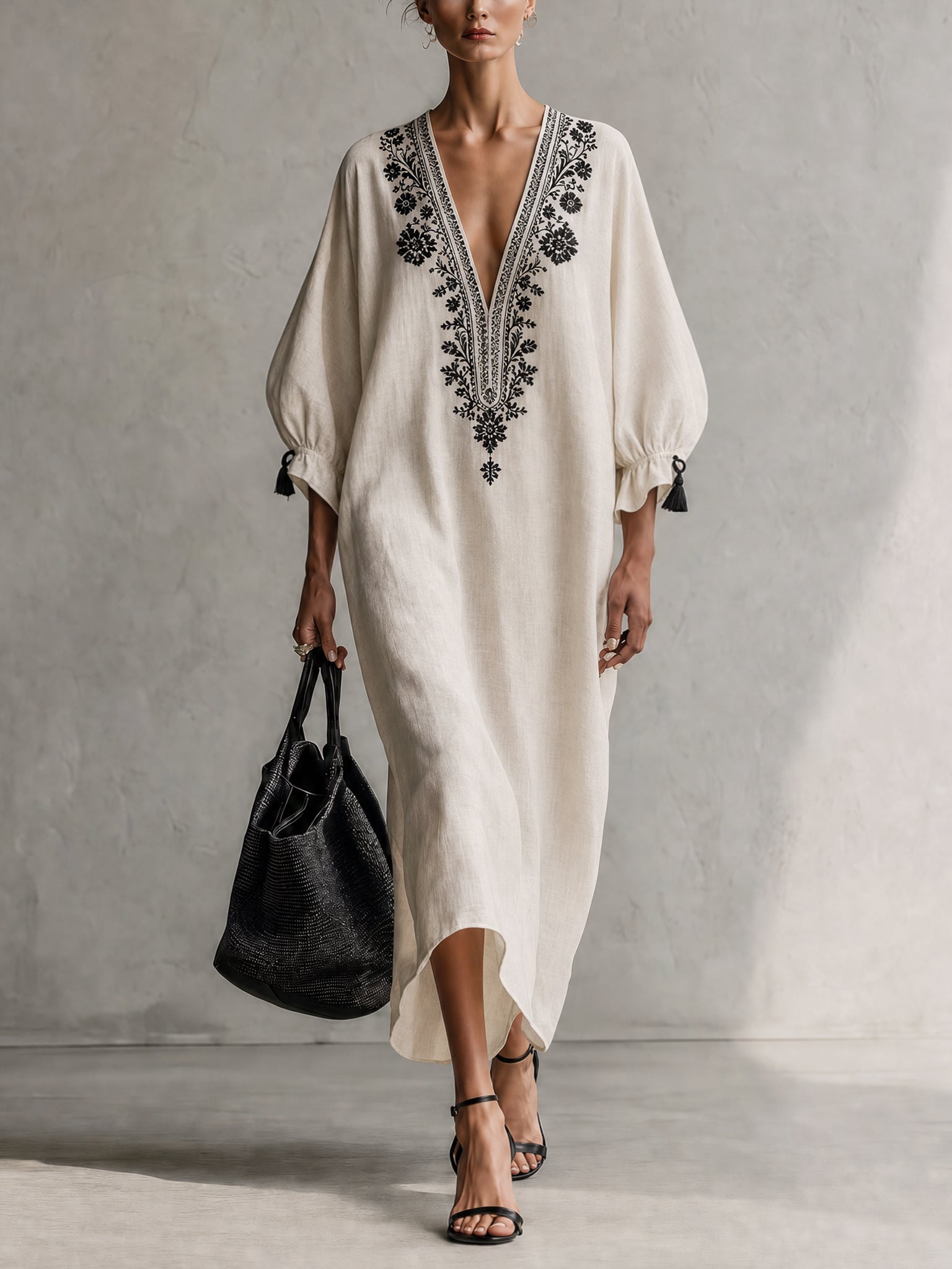 Ivory Embroidered Drawstring Deep V Maxi Dress
