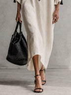 Ivory Embroidered Drawstring Deep V Maxi Dress