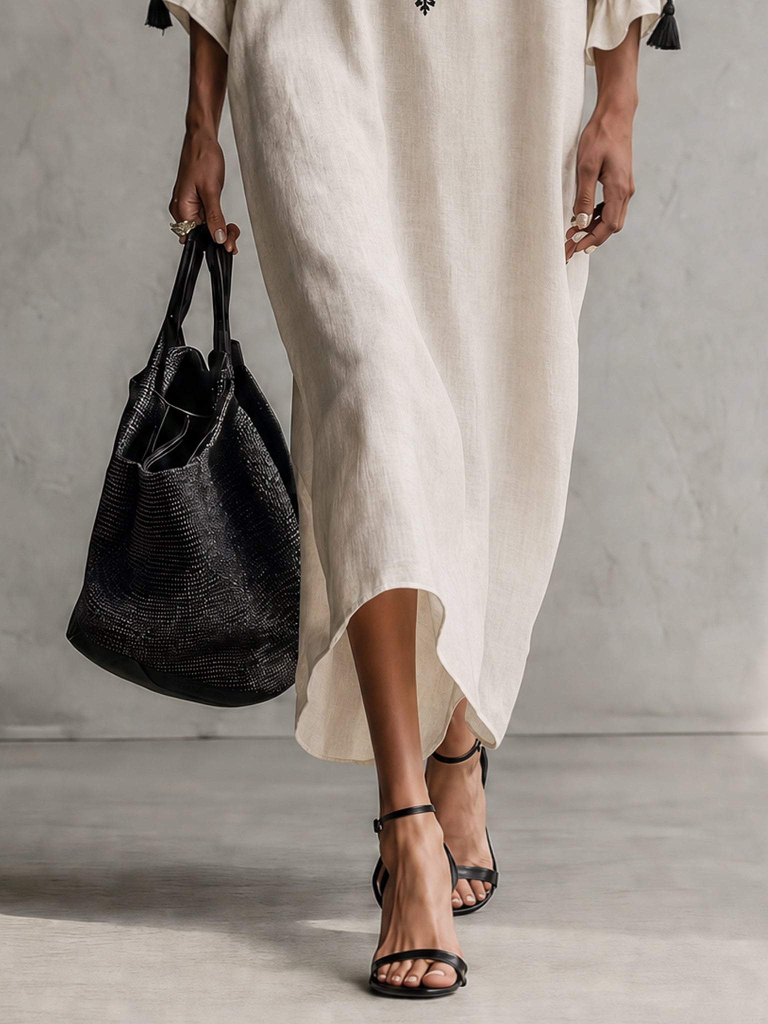 Ivory Embroidered Drawstring Deep V Maxi Dress