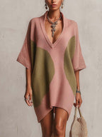 Blush Pink And Olive Color Block V-Neck Knit Mini Dress