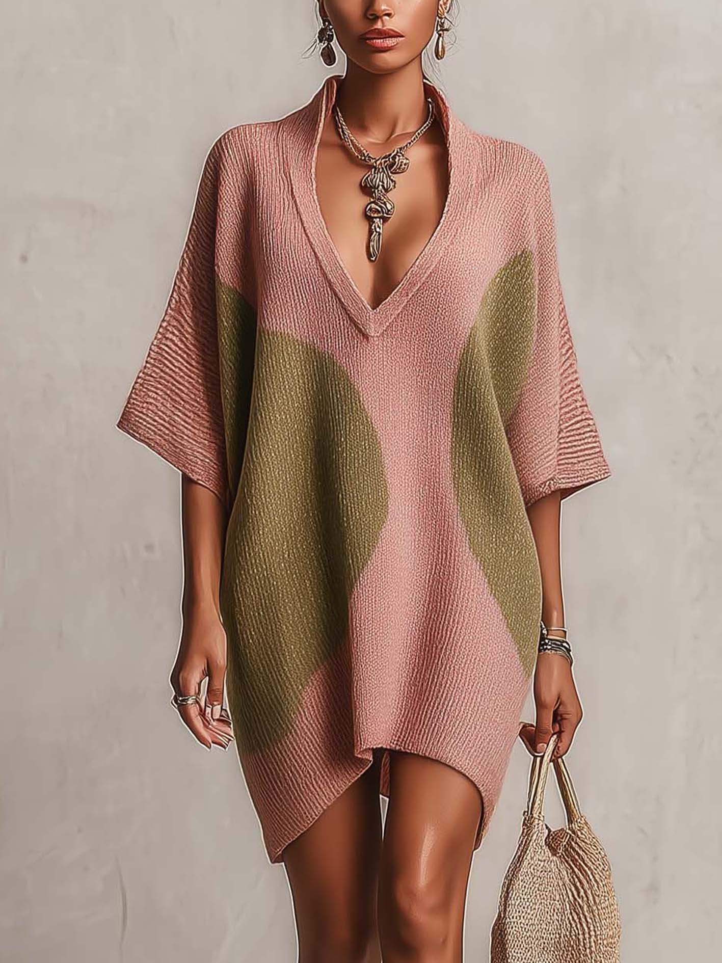 Blush Pink And Olive Color Block V-Neck Knit Mini Dress