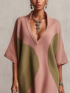 Blush Pink And Olive Color Block V-Neck Knit Mini Dress