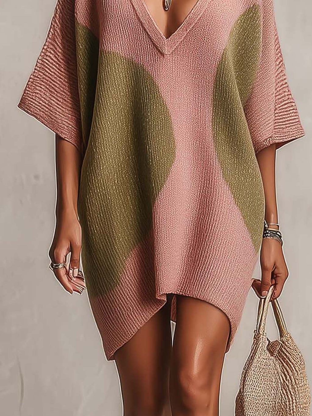 Blush Pink And Olive Color Block V-Neck Knit Mini Dress