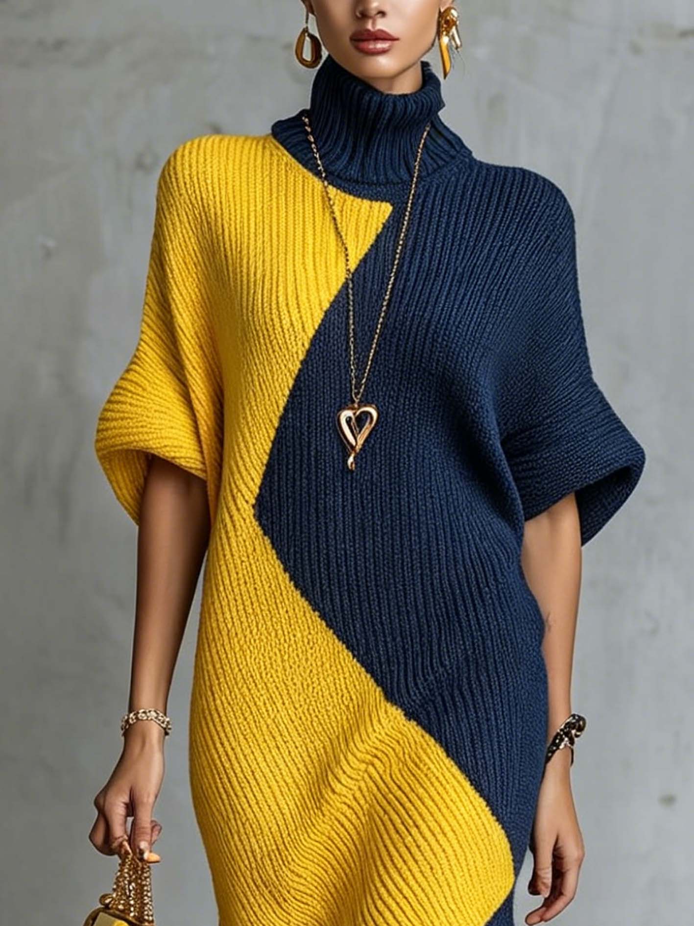 Navy And Mustard Color Block Turtleneck Knit Midi Dress