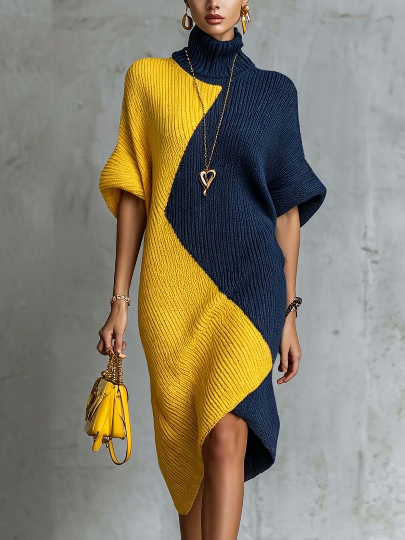 Navy And Mustard Color Block Turtleneck Knit Midi Dress