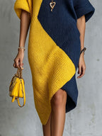 Navy And Mustard Color Block Turtleneck Knit Midi Dress