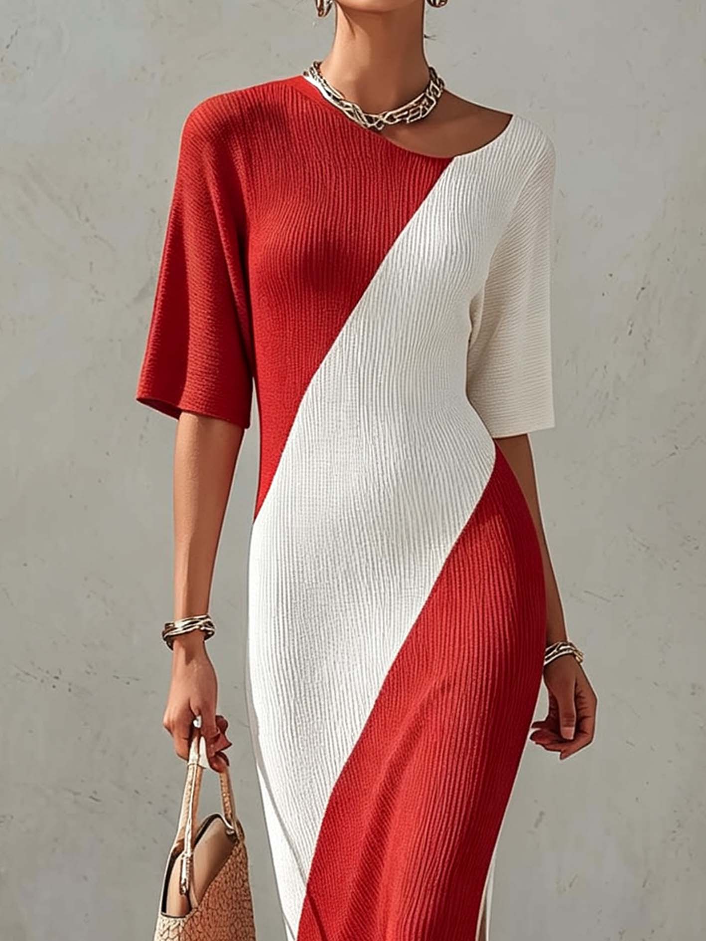 Red And White Color Block Ribbed Knit Bodycon Midi Dress With Side Slit