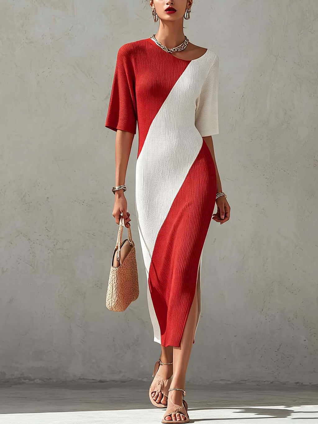 Red And White Color Block Ribbed Knit Bodycon Midi Dress With Side Slit