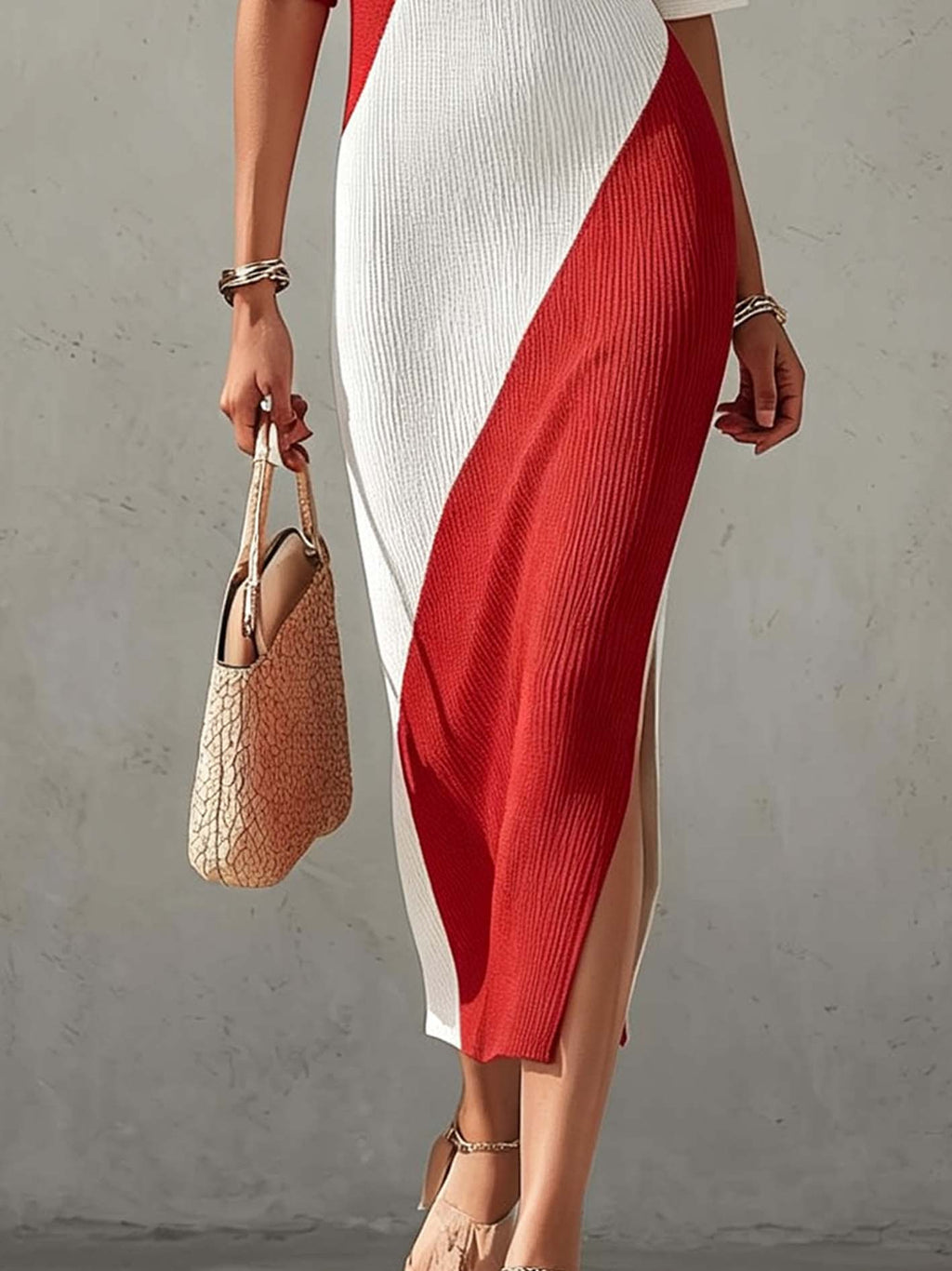 Red And White Color Block Ribbed Knit Bodycon Midi Dress With Side Slit