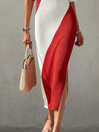 Red And White Color Block Ribbed Knit Bodycon Midi Dress With Side Slit