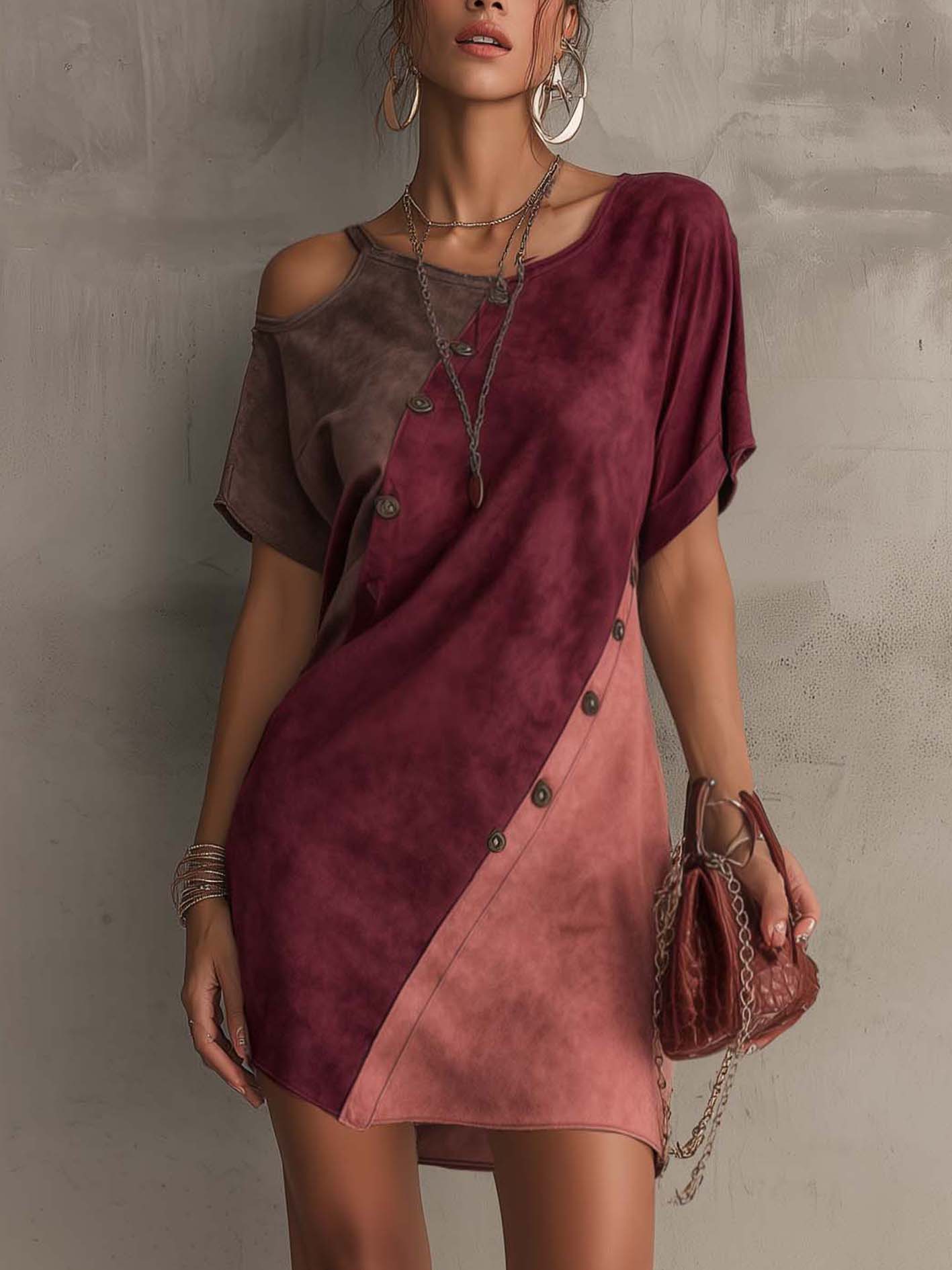 Color Block Faux Suede Mini Dress With Decorative Button Detail