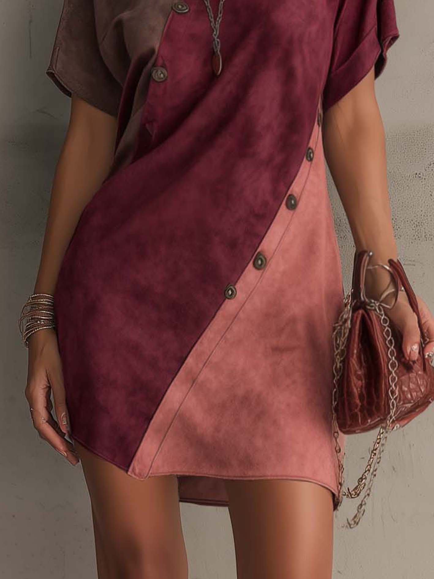 Color Block Faux Suede Mini Dress With Decorative Button Detail