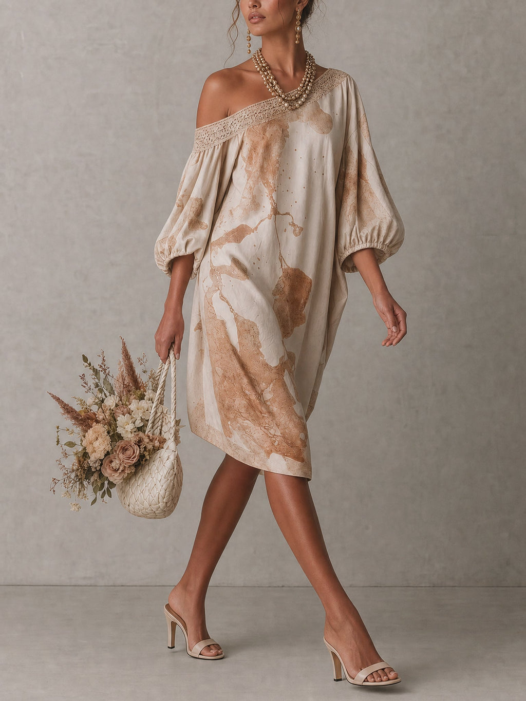 Beige Oversized Abstract Print Midi Dress