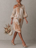 Beige Oversized Abstract Print Midi Dress
