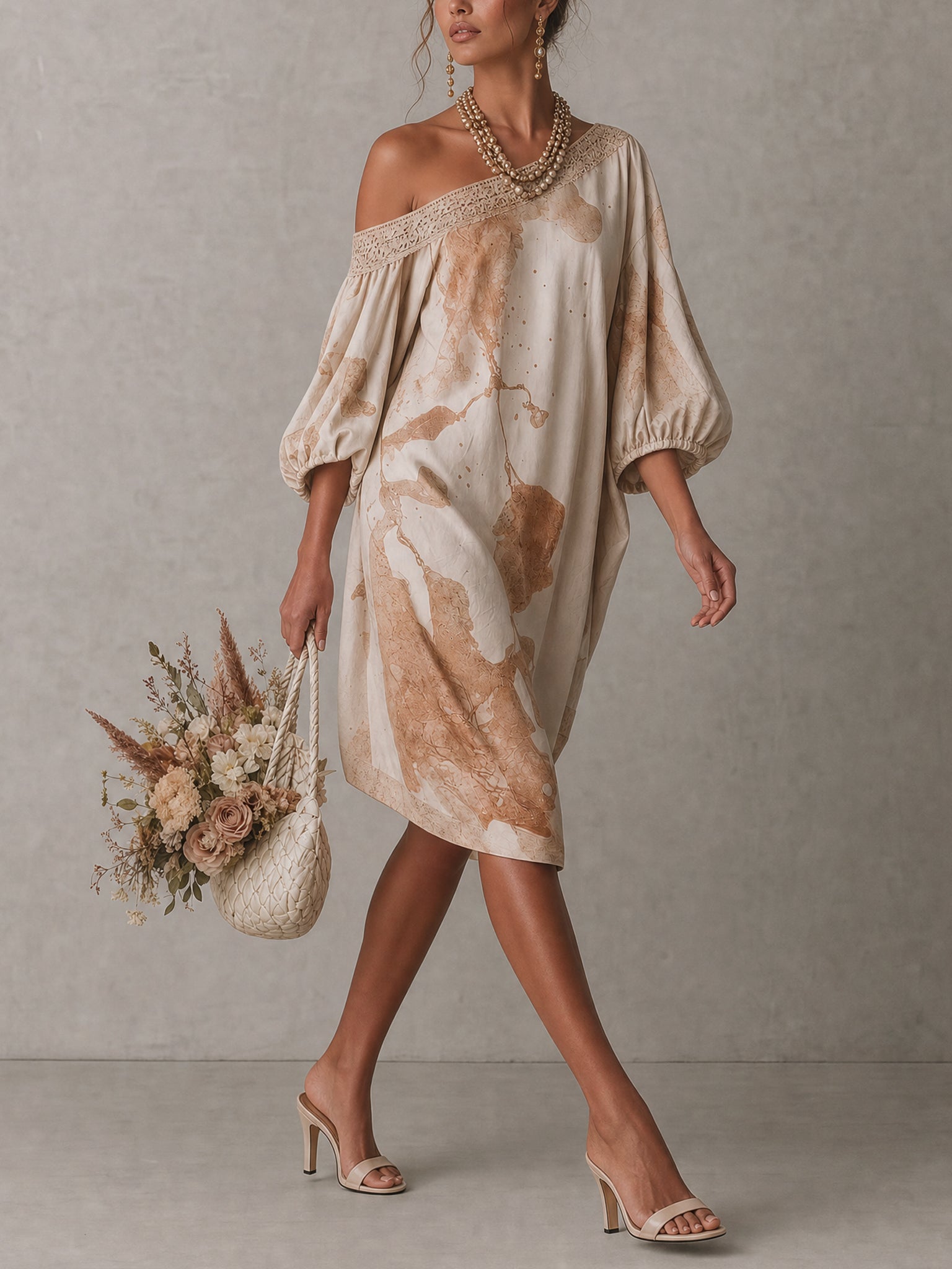 Beige Oversized Abstract Print Midi Dress