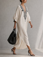 Ivory Embroidered Drawstring Deep V Maxi Dress