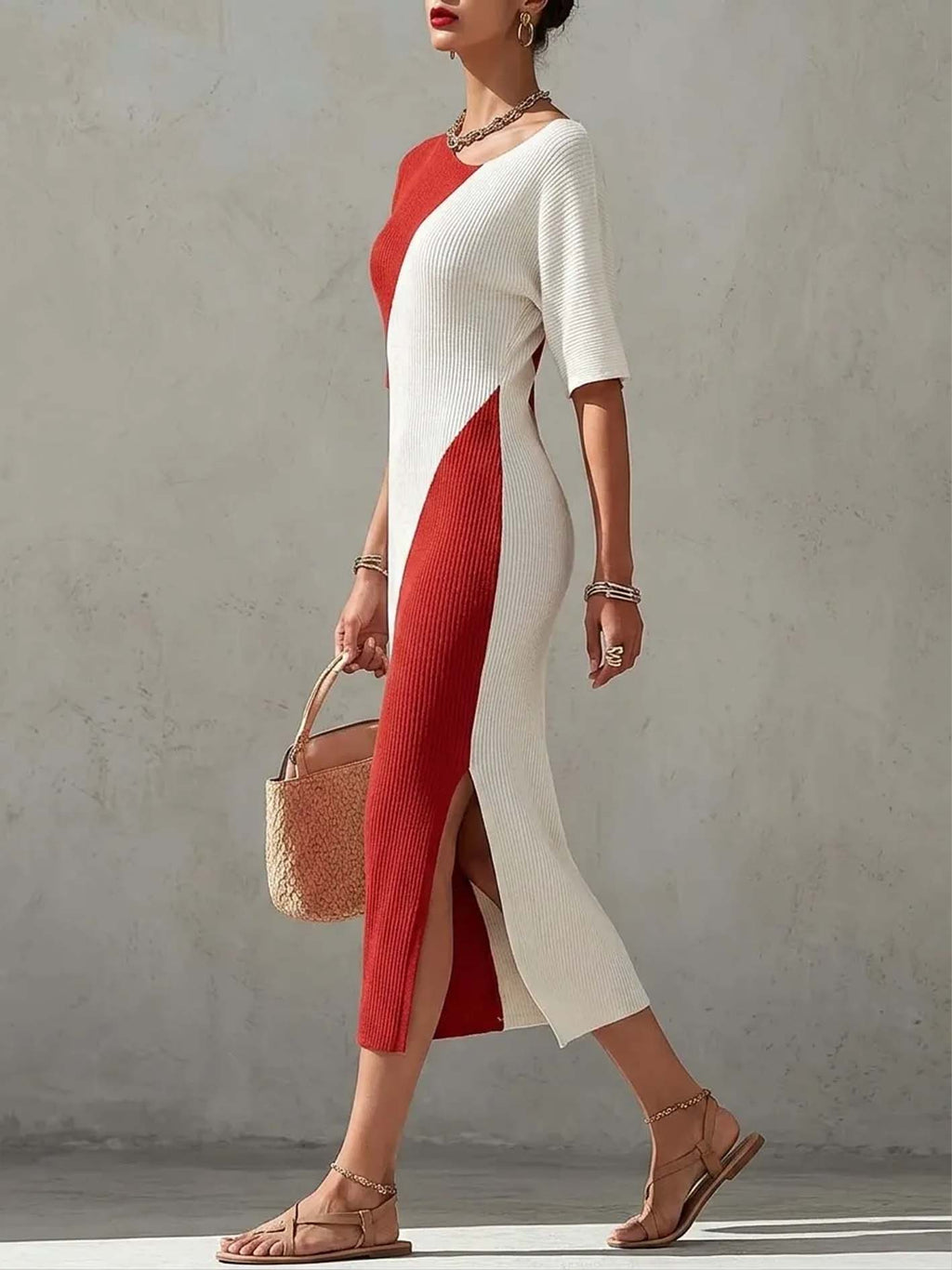 Red And White Color Block Ribbed Knit Bodycon Midi Dress With Side Slit