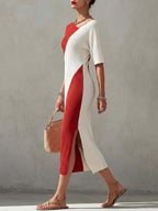Red And White Color Block Ribbed Knit Bodycon Midi Dress With Side Slit