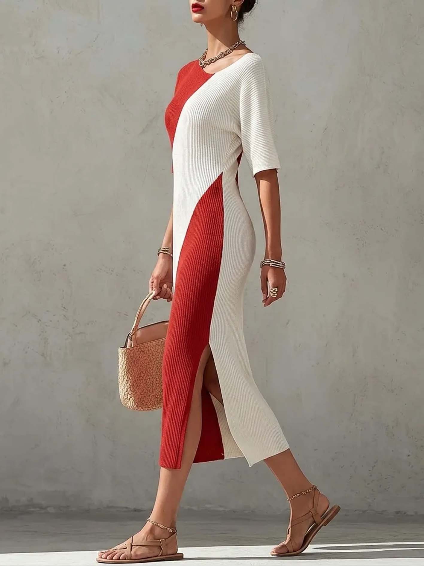 Red And White Color Block Ribbed Knit Bodycon Midi Dress With Side Slit