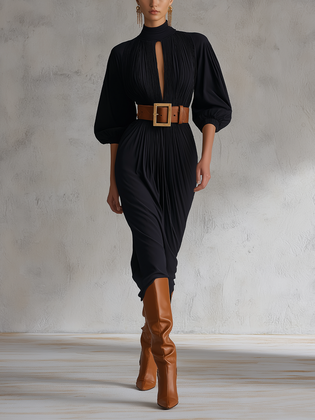 Black Pleated Keyhole High Neck Midi Dress