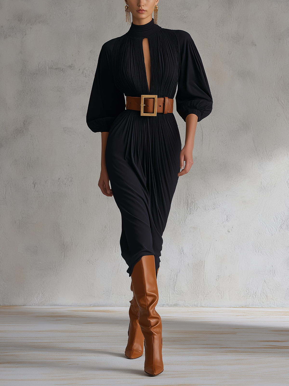 Black Pleated Keyhole High Neck Midi Dress