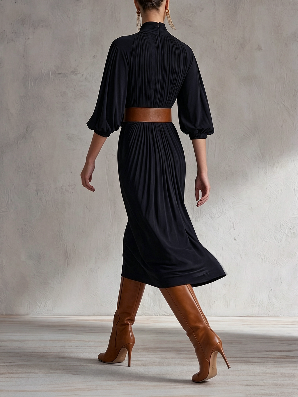 Black Pleated Keyhole High Neck Midi Dress