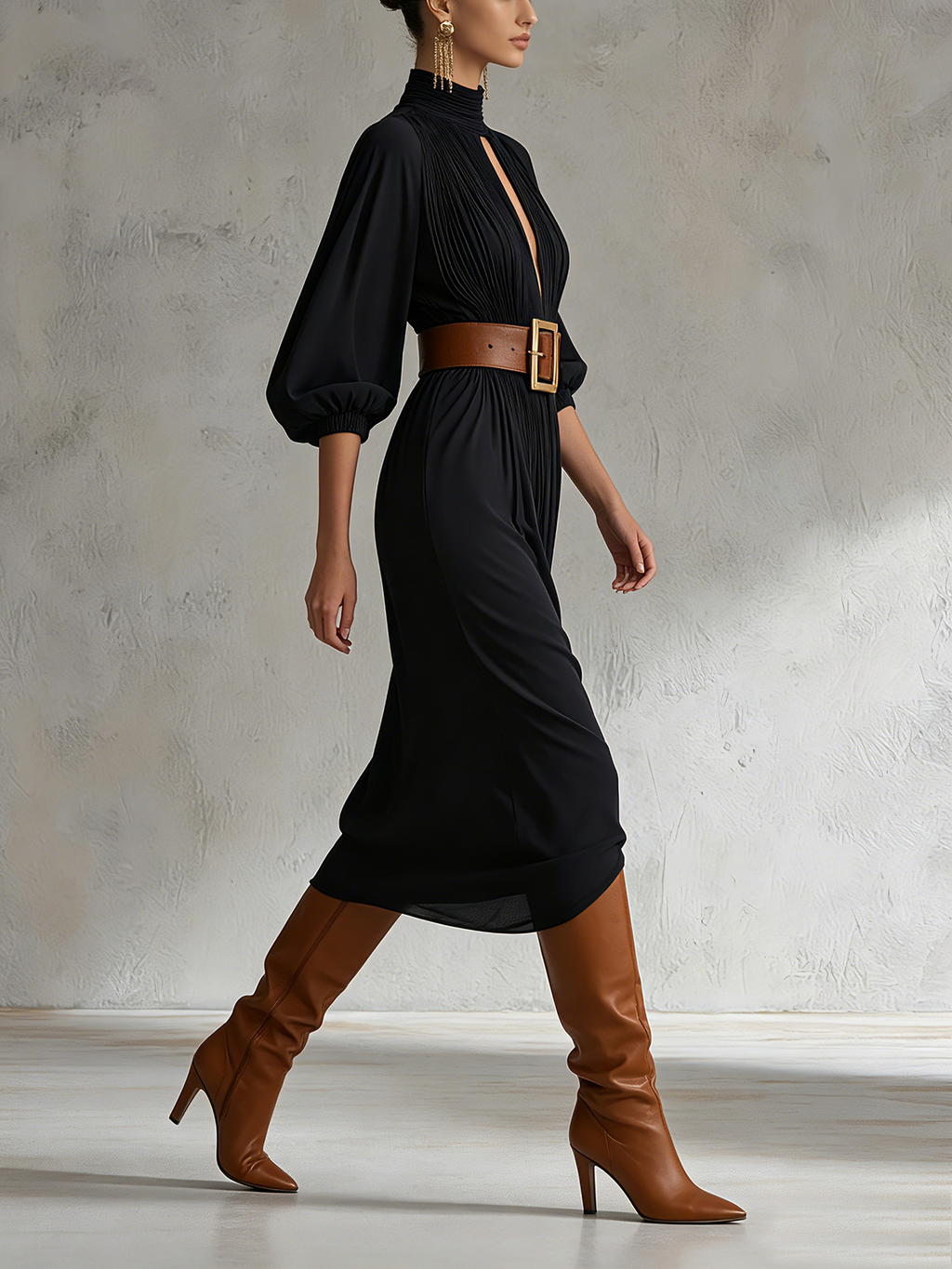 Black Pleated Keyhole High Neck Midi Dress