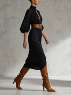 Black Pleated Keyhole High Neck Midi Dress