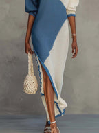 Blue And White Color Block Knit Maxi Dress