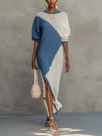 Blue And White Color Block Knit Maxi Dress