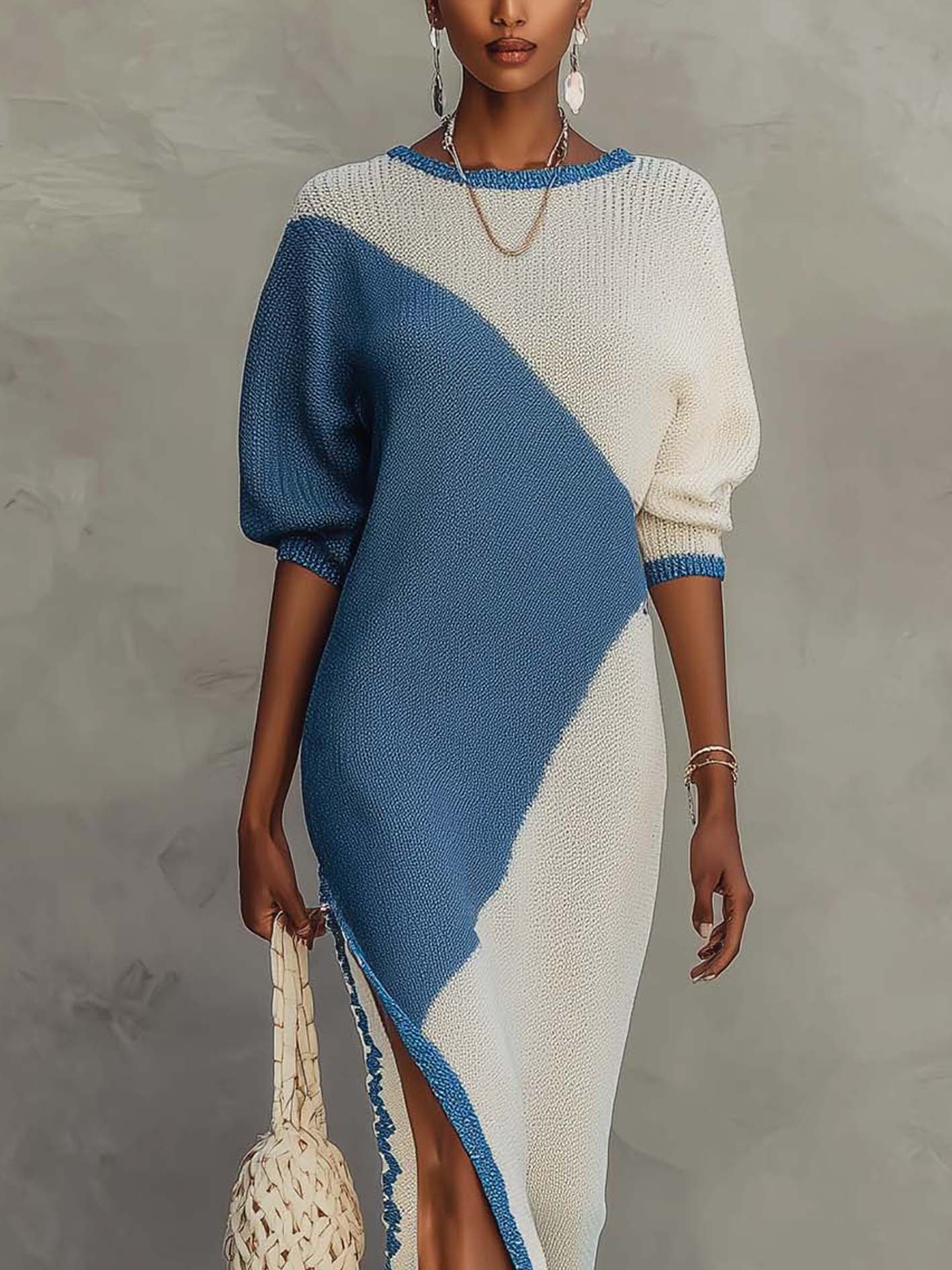 Blue And White Color Block Knit Maxi Dress