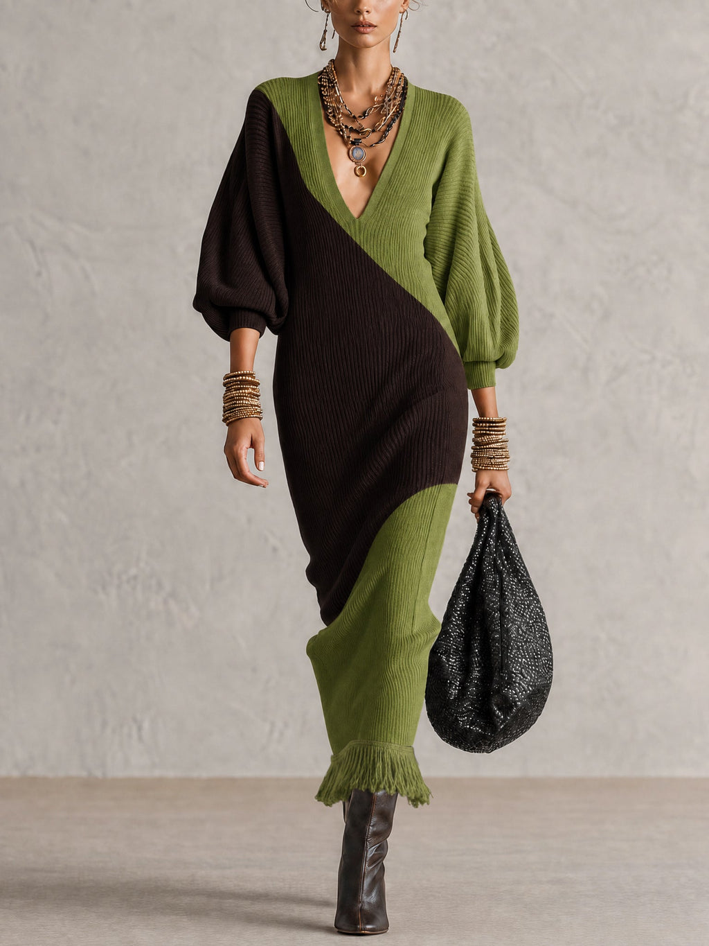 Green Color Block Bodycon Knit Dress