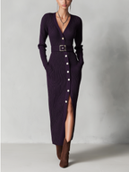Deep Purple Ribbed Button-Front Maxi Dress