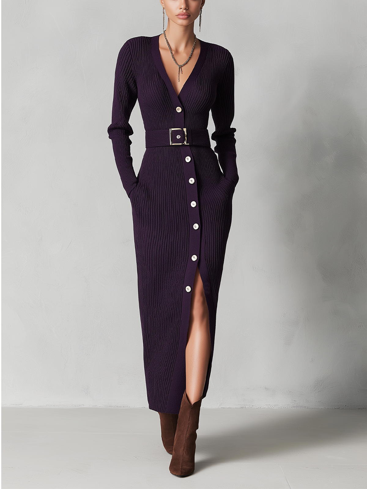 Deep Purple Ribbed Button-Front Maxi Dress