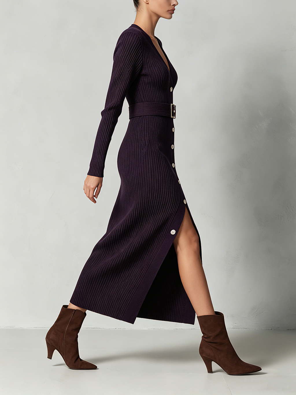 Deep Purple Ribbed Button-Front Maxi Dress