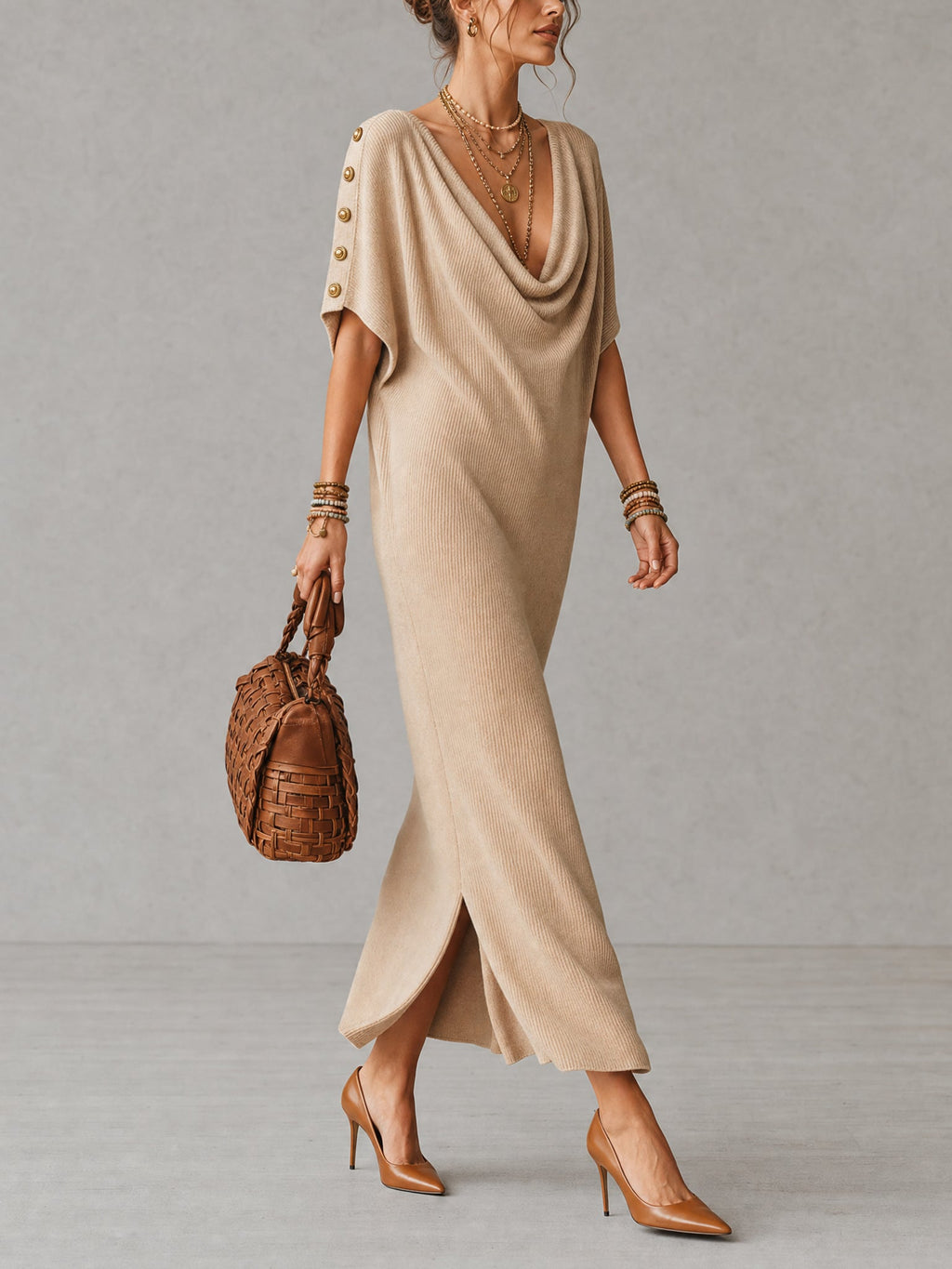 Camel Cowl Neck Knit Maxi Dress With Vintage Button Detail