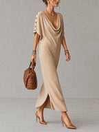 Camel Cowl Neck Knit Maxi Dress With Vintage Button Detail