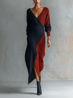 Blue And Red Colorblock Wrap Knit Midi Dress