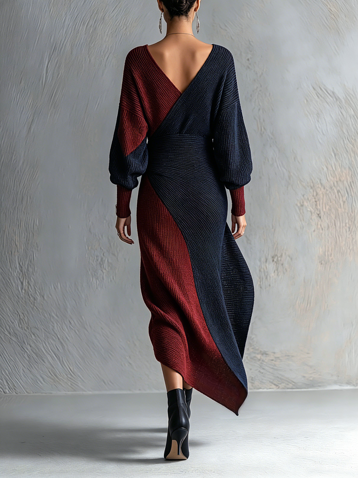 Blue And Red Colorblock Wrap Knit Midi Dress