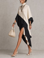 Black And White Color Block Asymmetrical Knit Midi Dress