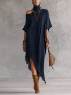 Blue Asymmetrical Off Shoulder Knit Maxi Dress